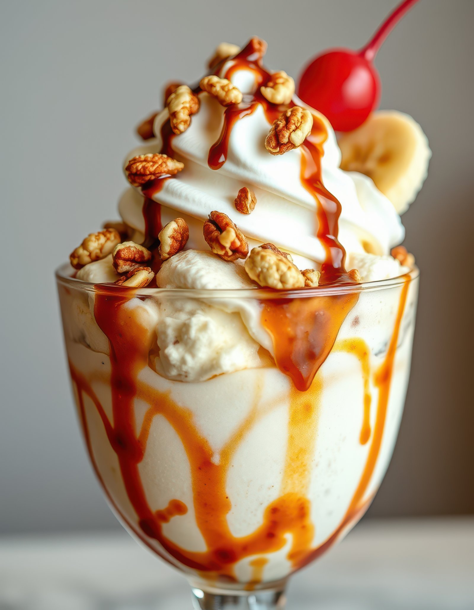 Delicious dessert featuring creamy ice cream, crunchy toppings, and a cherry on top served in a glass dish